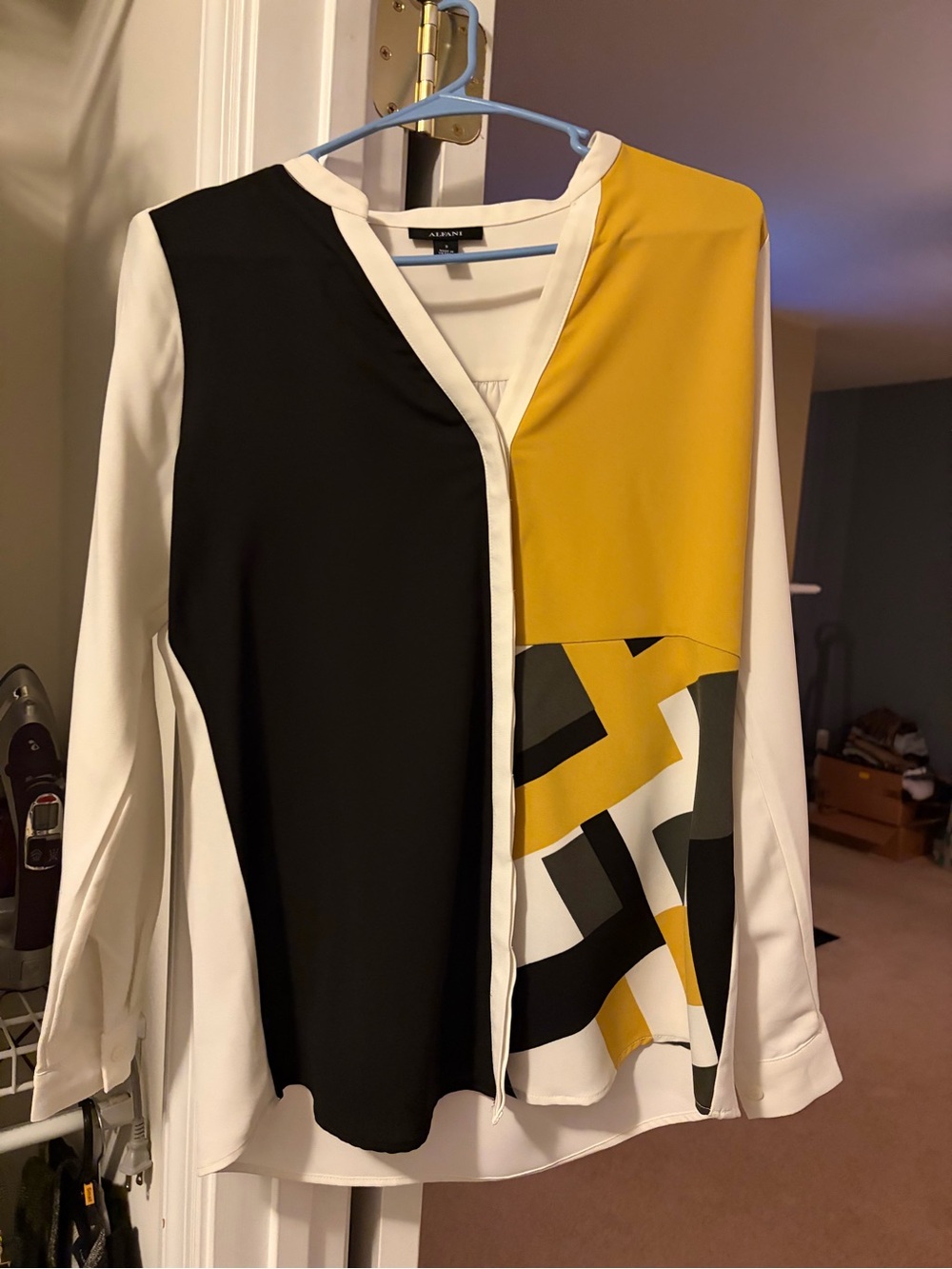 Alfani Colorblock V-Neck Blouse in Black, White & Mustard Yellow